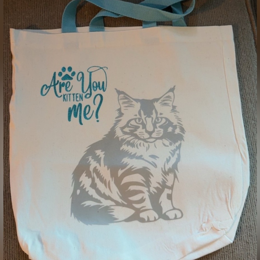 Cat-Themed Tote Bag with Blue and Gray Design